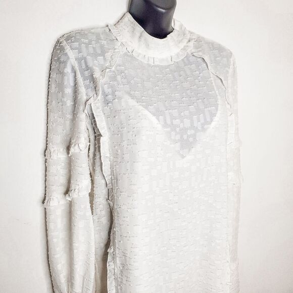 IRO White Mijo High Neck Eyelet Lace Ruffled Textured Tiered Shift Dress Size 34 - Picture 3 of 6